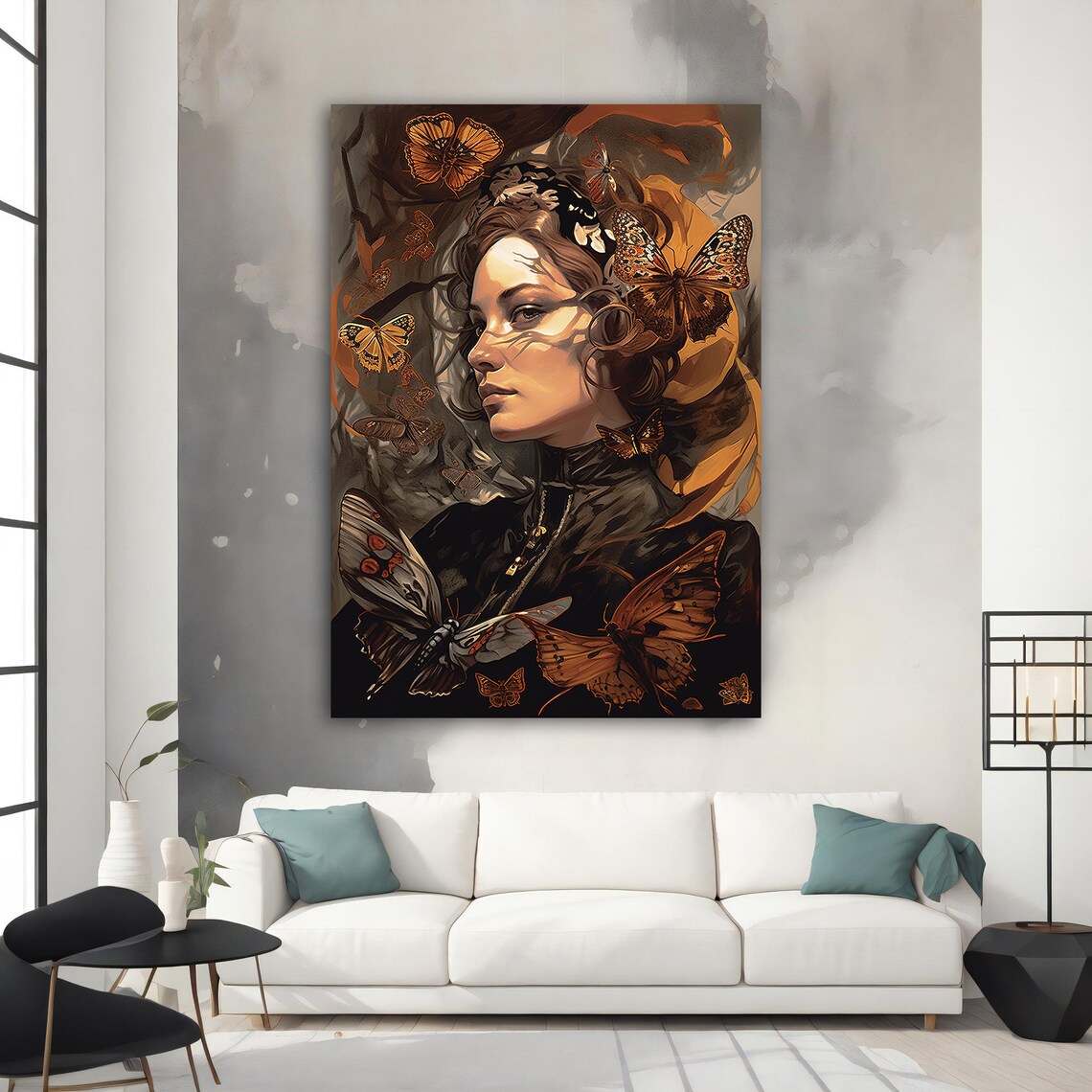 Woman with Butterflies Brown Orange Monarch Art Portrait Poster - Image 2