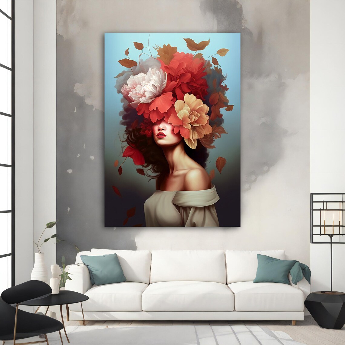 Woman Flower Head Peony Bloom Colorful Botanical Portrait Wall Art - Image 3