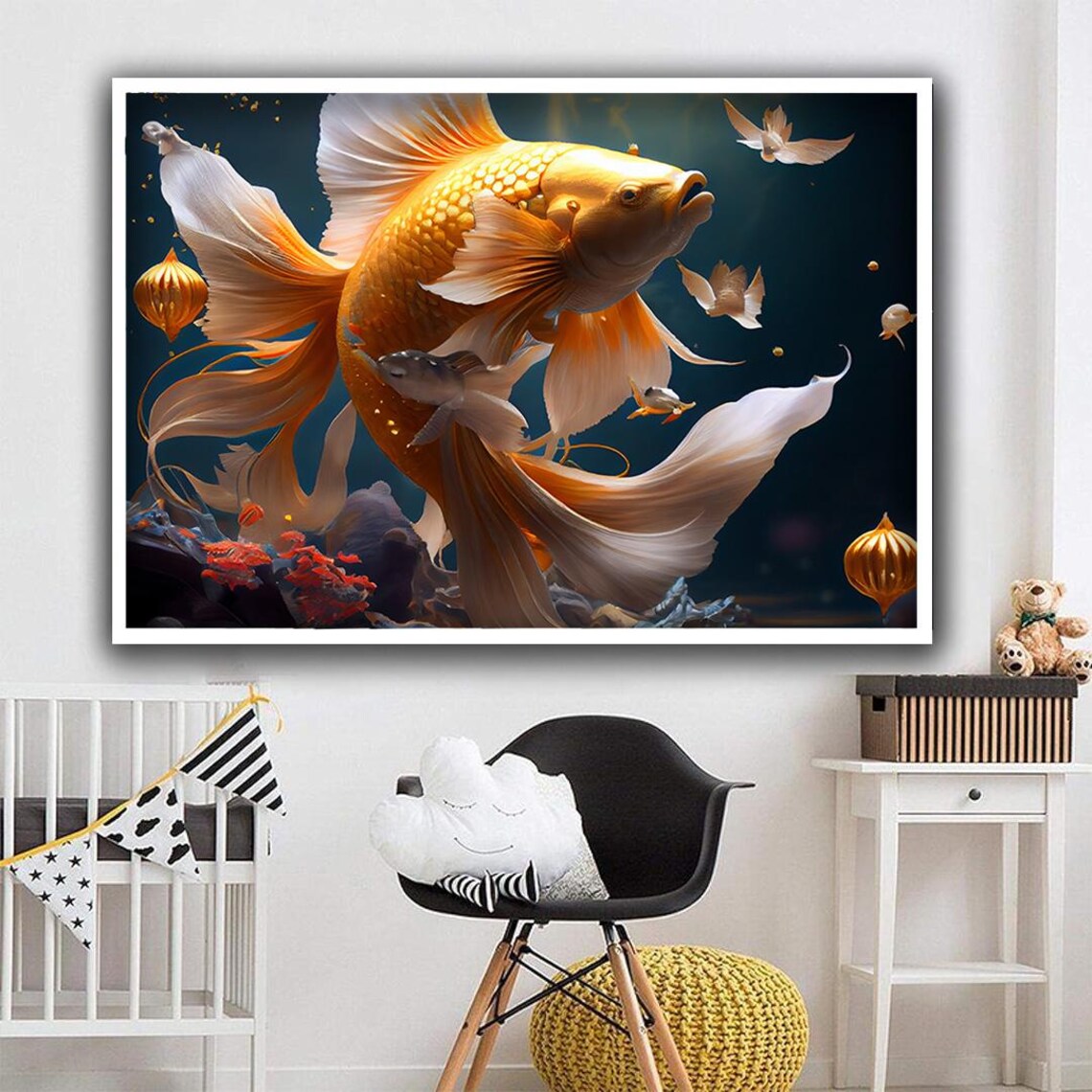 Golden Koi Fish Flowing Fins Deep Blue Water Aquarium Wall Art Poster - Image 4
