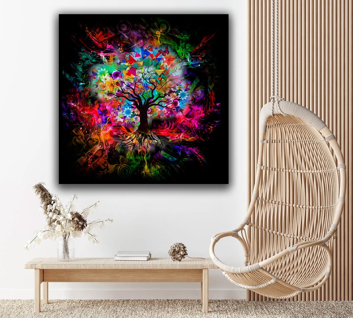 Vibrant Tree Of Life Explosion Neon Colors Abstract Black Art Poster - Image 2