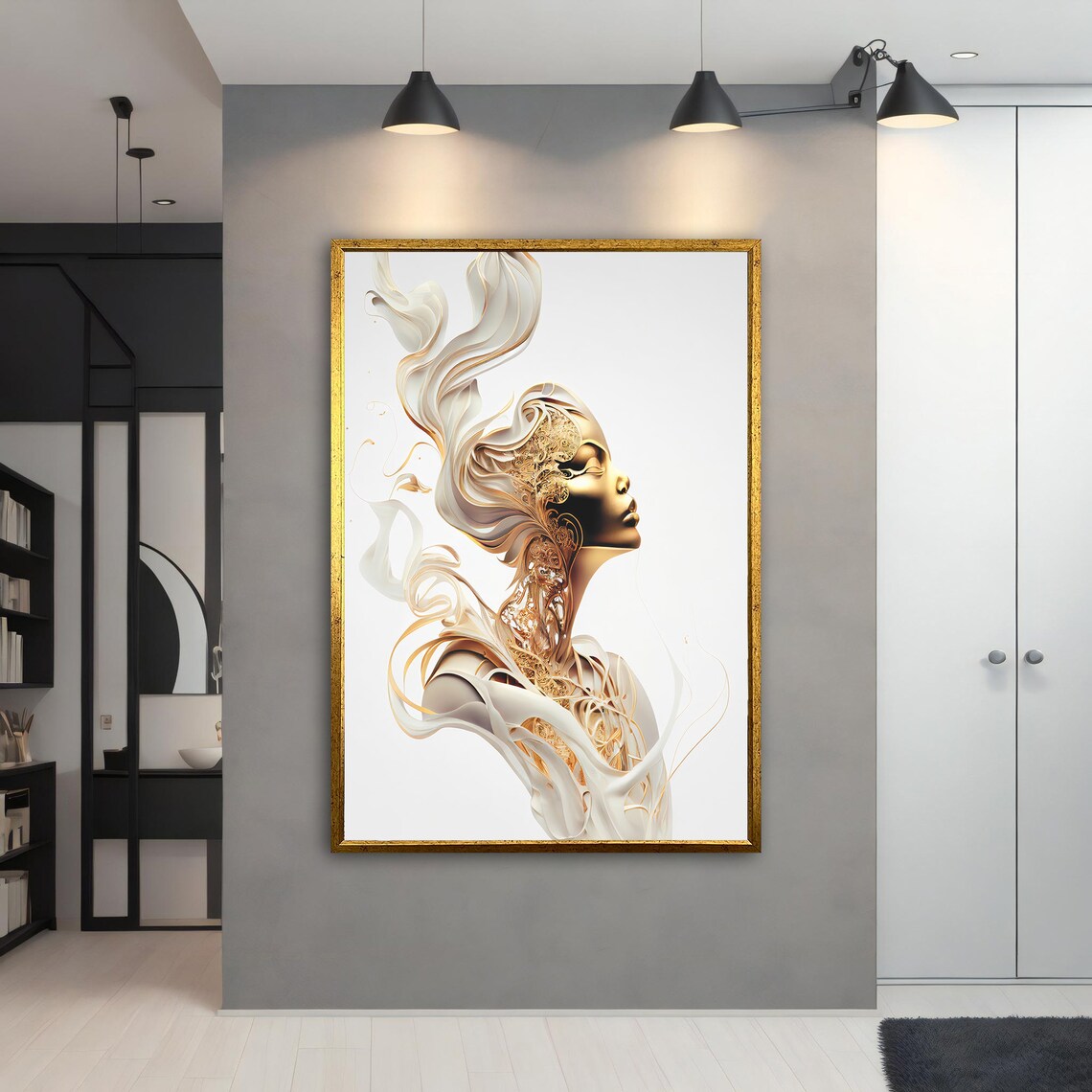 Gold Surreal Woman Profile Ivory Ribbon Luxury Elegant Modern Art Poster - Image 5