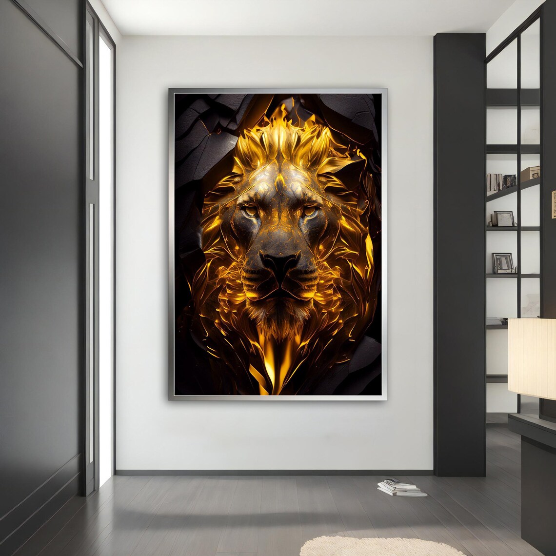 Golden Lion Breaking Through Black Stone Molten Gold Power Art Wall Poster - Image 4