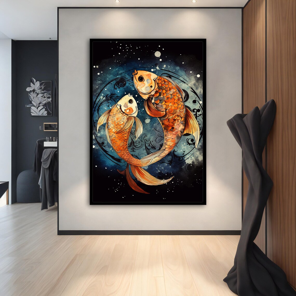 Two Orange Koi Fish Yin Yang Dark Teal Water Animal Art Poster - Image 2