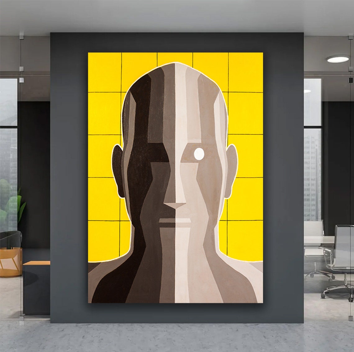Bold Yellow Cubist Man Face Geometric Modern Portrait Wall Art - Image 4
