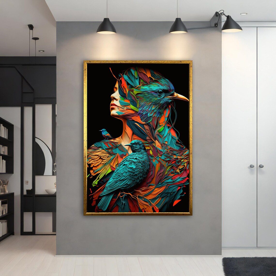 Colorful Bird Woman Surreal Feathers Teal Orange Portrait Wall Art - Image 3