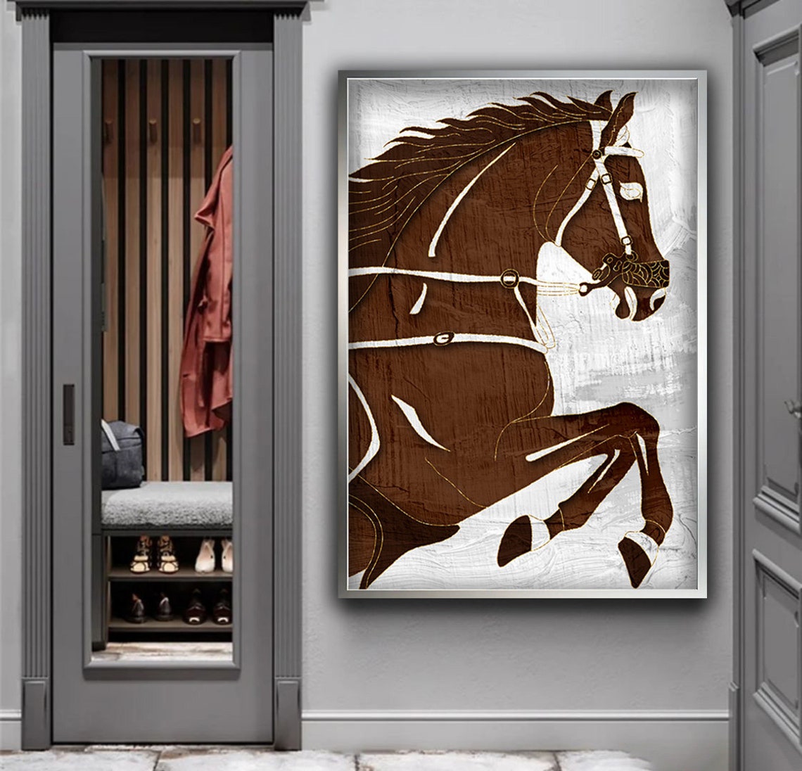 Rearing Brown Horse Bold Line Art White Bridle Equestrian Poster - Image 5