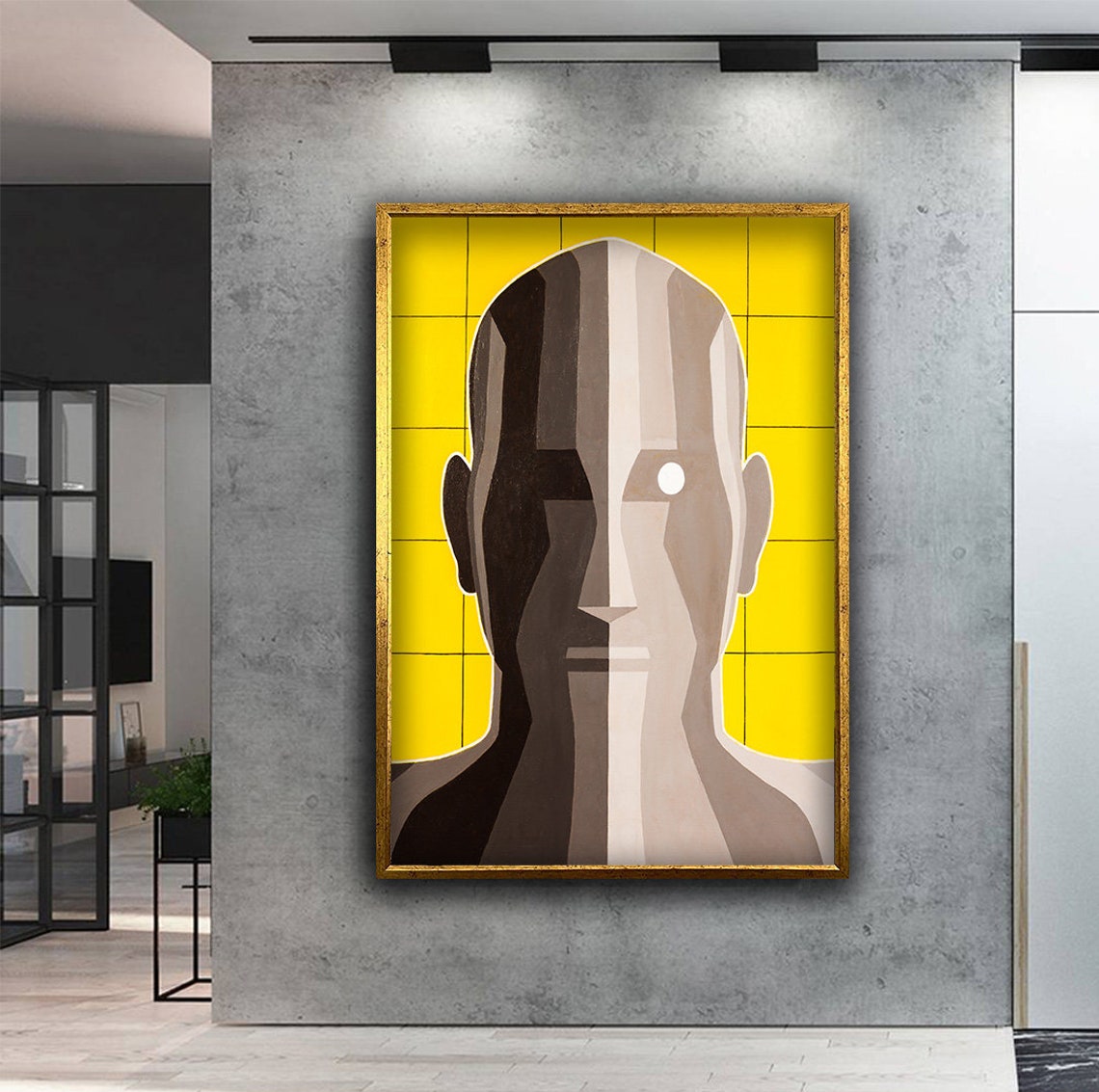 Bold Yellow Cubist Man Face Geometric Modern Portrait Wall Art - Image 2