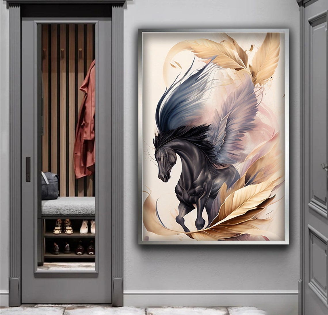 Black Winged Pegasus Horse with Flowing Feathers Cream Dream Poster - Image 4