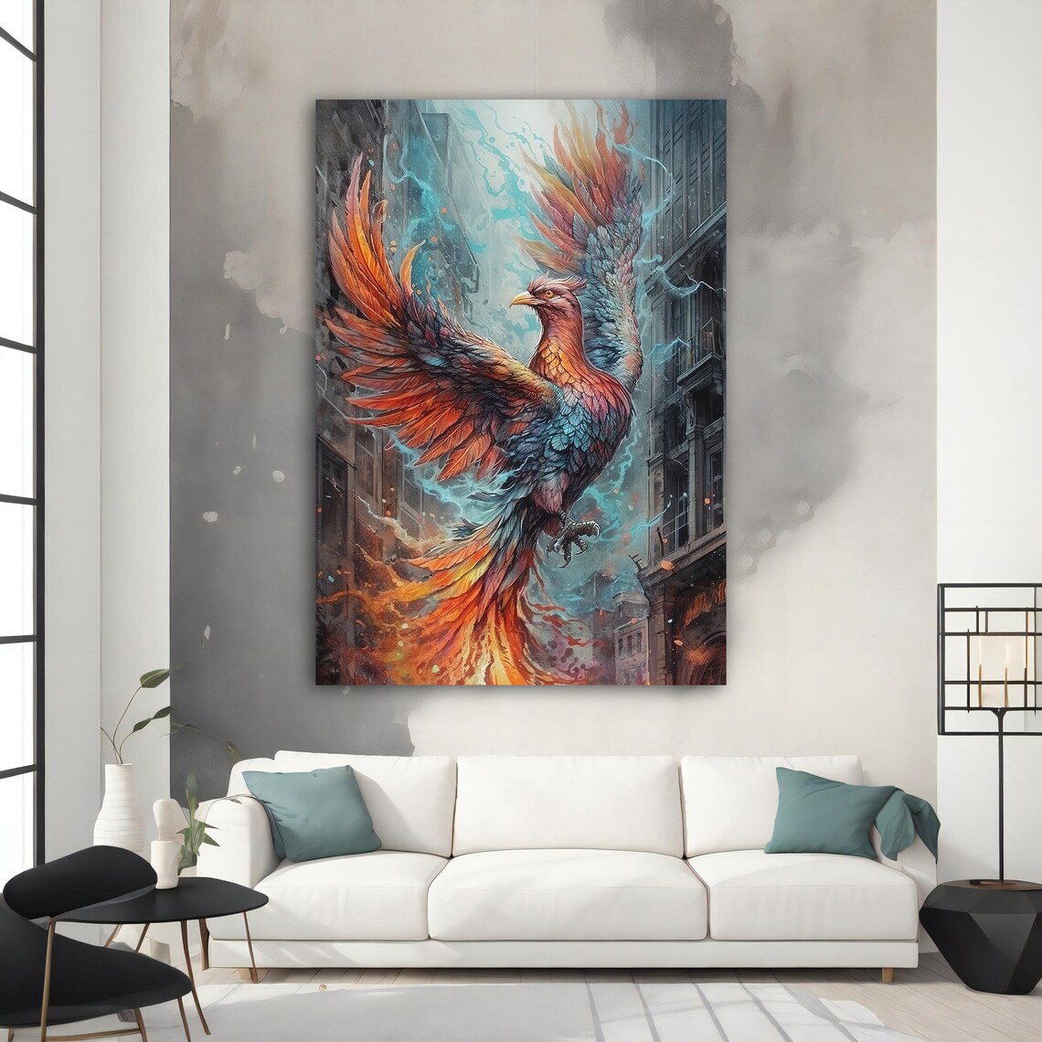Fire Phoenix Rising City Flames Orange Blue Fantasy Animal Poster - Image 3