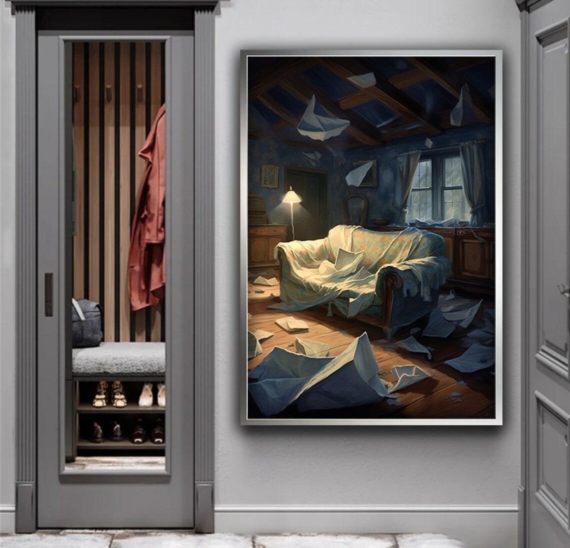 Abandoned Room Dust Sheet Furniture Moody Blue Interior Art Poster - Image 3