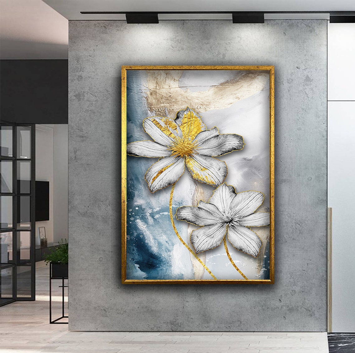 White Gold Flowers Blue Abstract Blooming Floral Wall Art Poster - Image 4