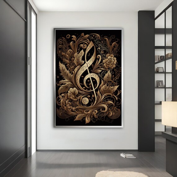 Golden Treble Clef Ornate Floral Music Note Black Gold Wall Poster