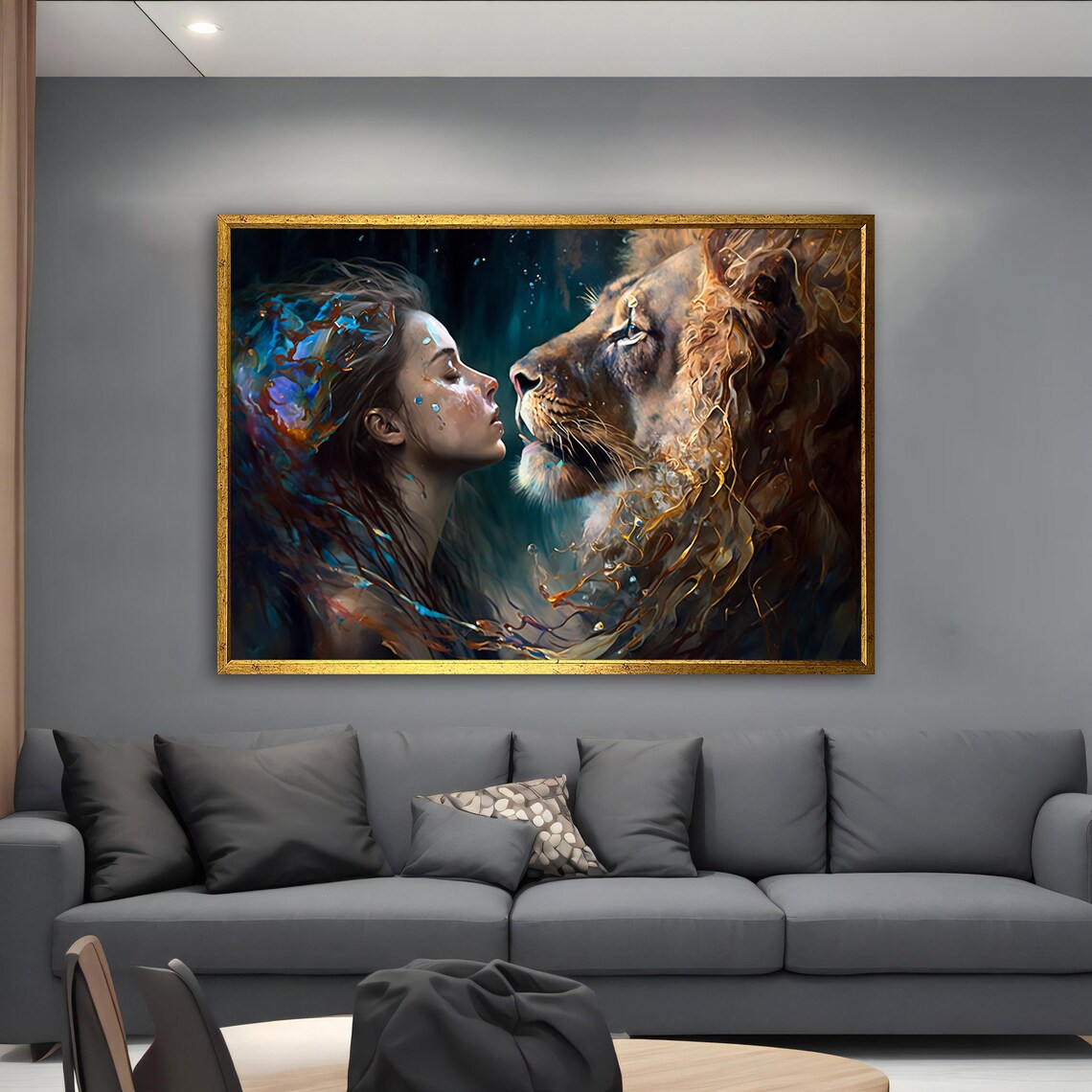 Woman and Lion Face to Face in Splashing Water Fantasy Art Poster - Image 3