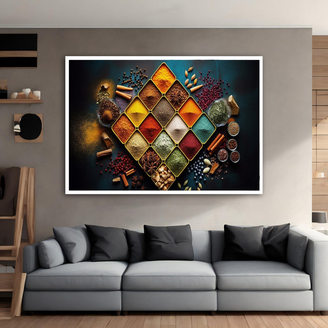 Diamond Pattern of Vibrant Spice Powders with Herbs Top Down Art Print - Image 4