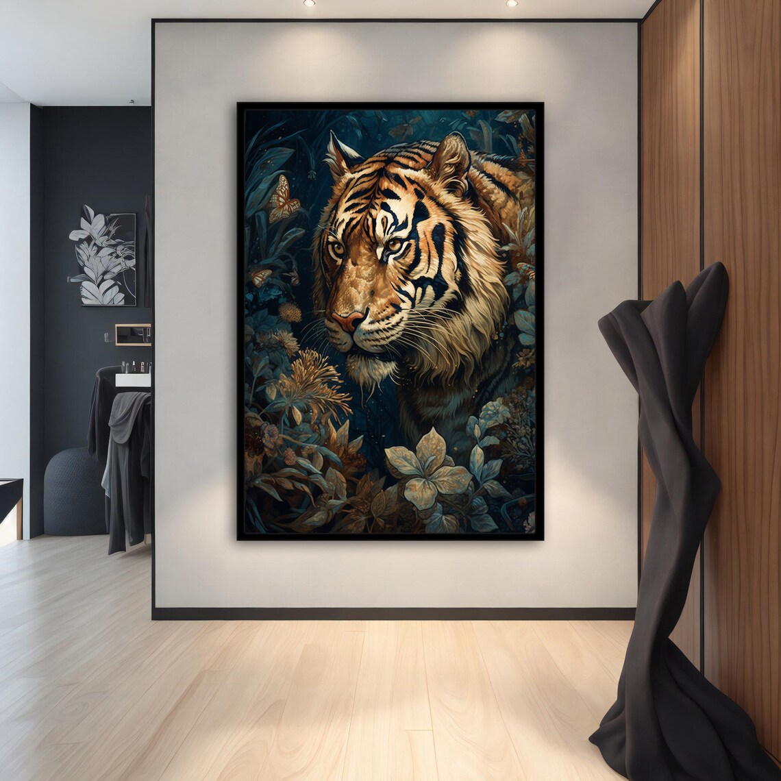 Tiger in Jungle Flowers Butterflies Dark Botanical Animal Poster - Image 2