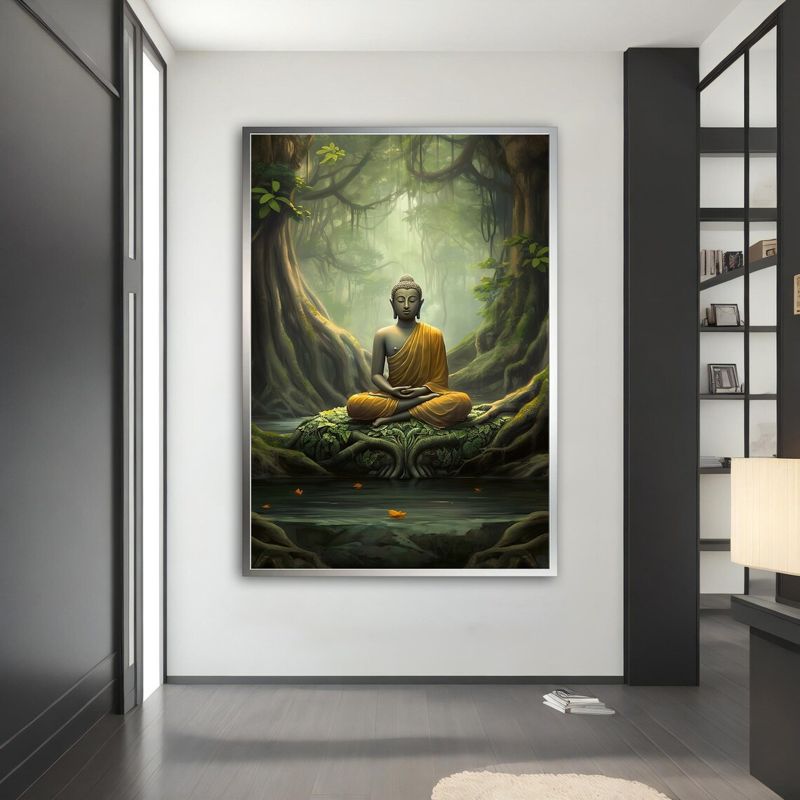 Golden Robe Buddha Meditating Jungle Temple Green Asian Art Poster - Image 4