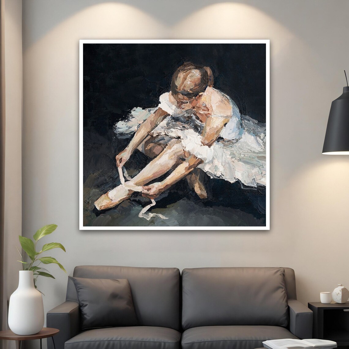 Ballerina Tying Pointe Shoe White Tutu Dark Impressionist Dance Art Poster - Image 4