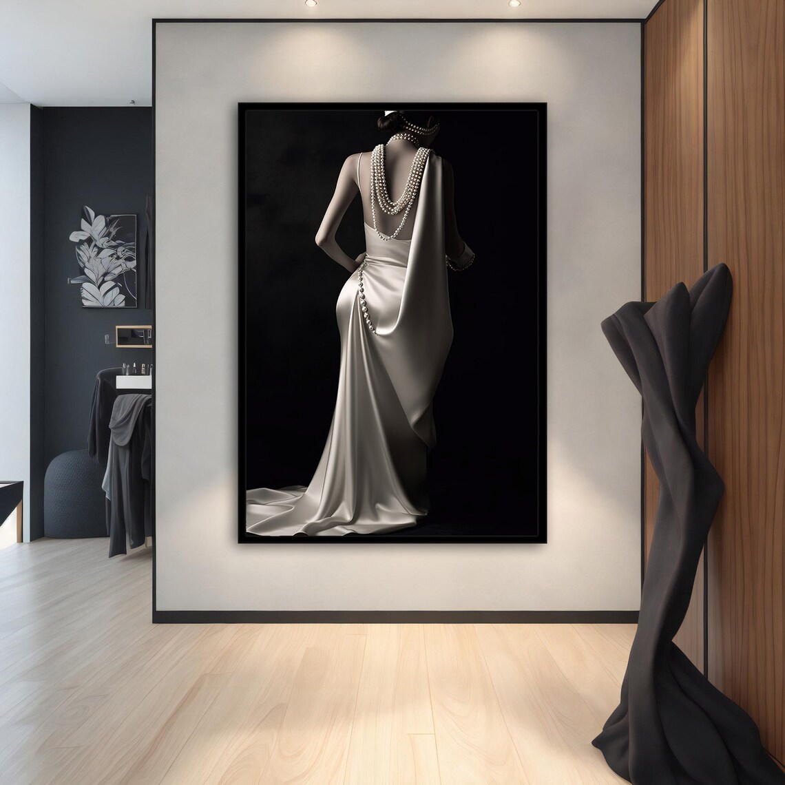 Glamorous Woman Backless Silk Gown Pearls 1920s Elegance Portrait Poster - Image 3