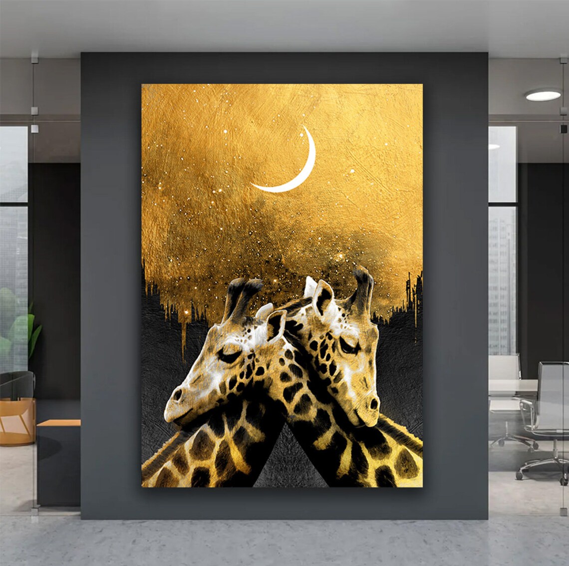 Golden Giraffe Couple Under Crescent Moon Starry Night Safari Art Poster - Image 5