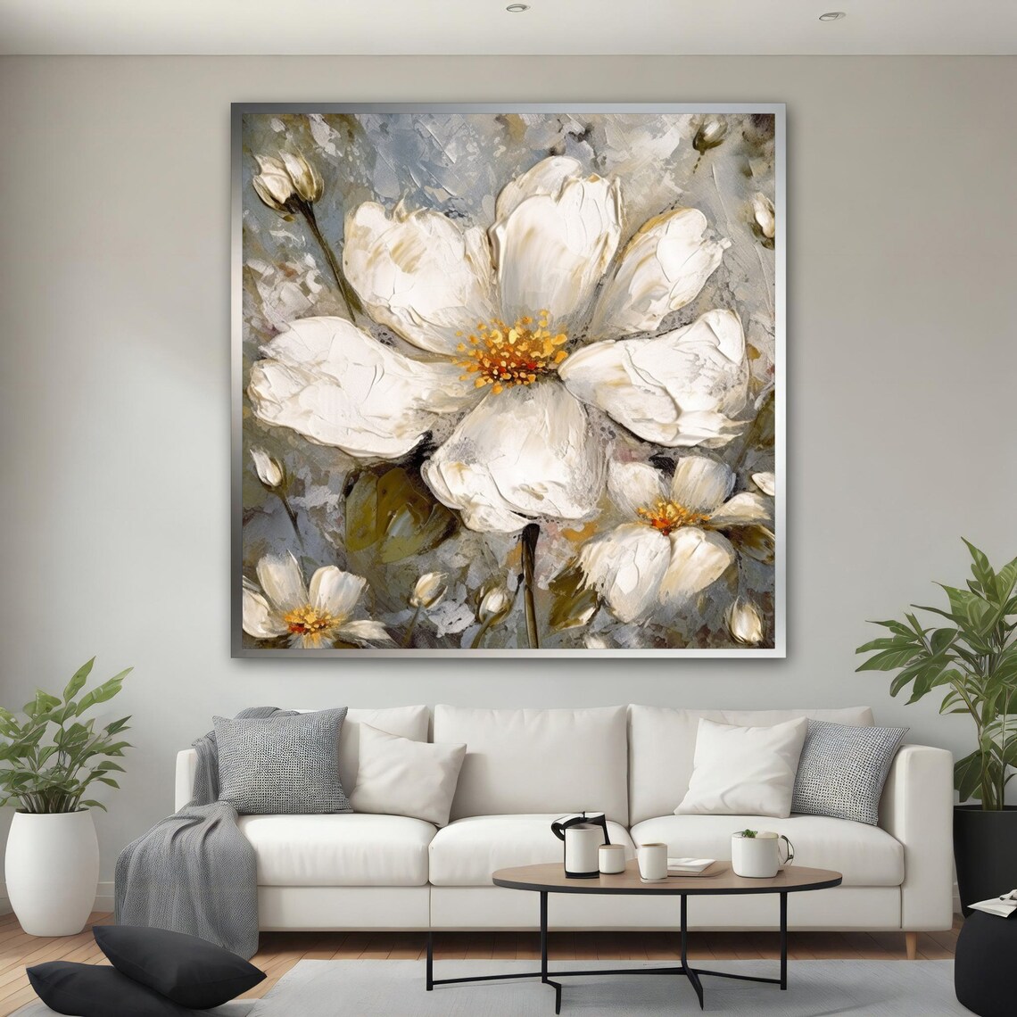 White Flowers Oil Painting Impasto Soft Gray Floral Art Poster - Image 3