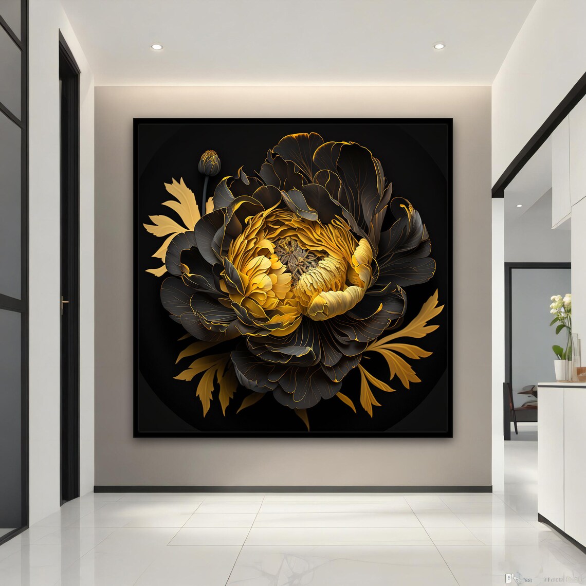 Golden Peony Black Petals Gold Edges Dark Floral Wall Art Poster