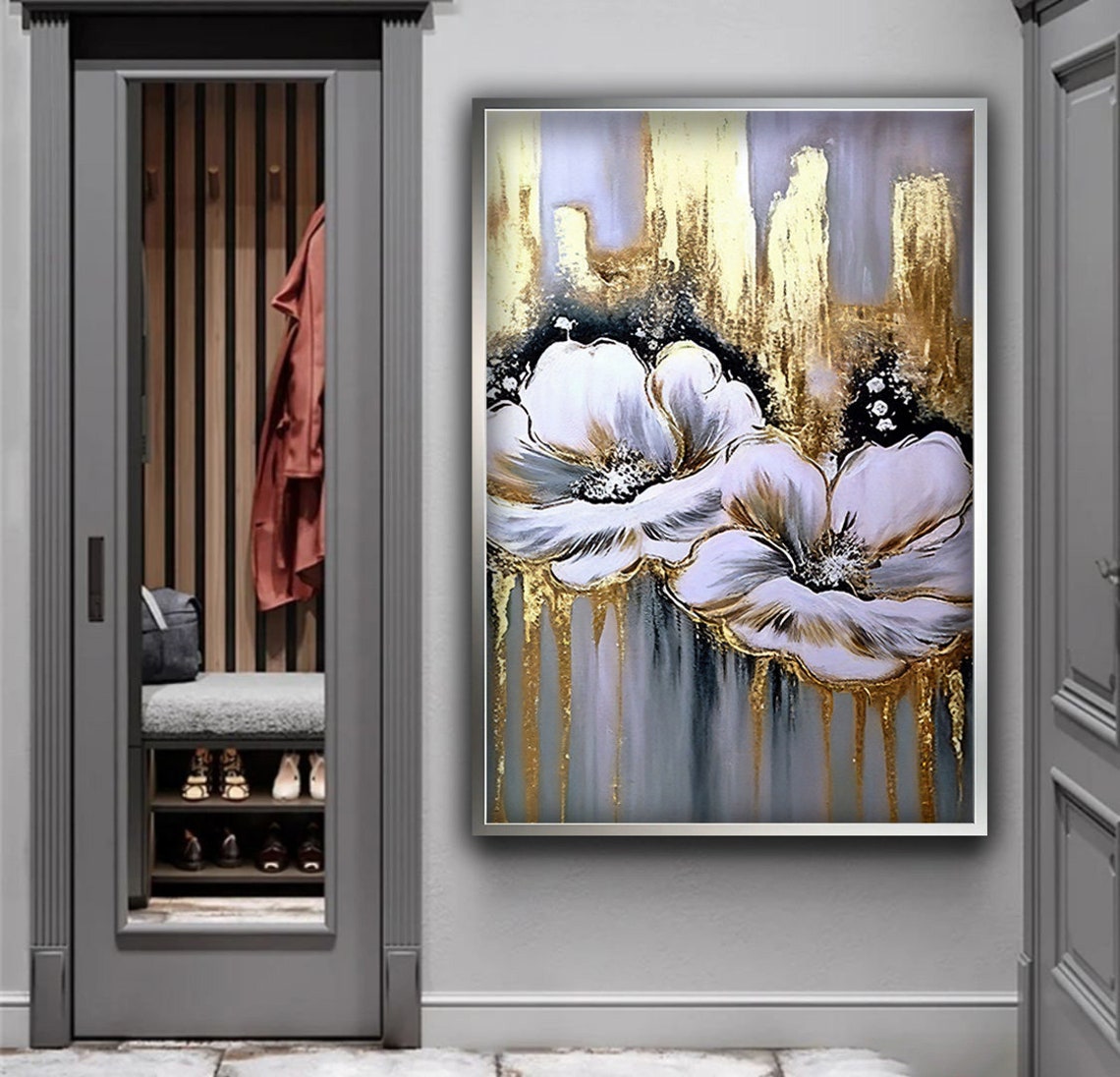 White And Gold Floral Art Grey Background Blooming Flower Poster - Image 4