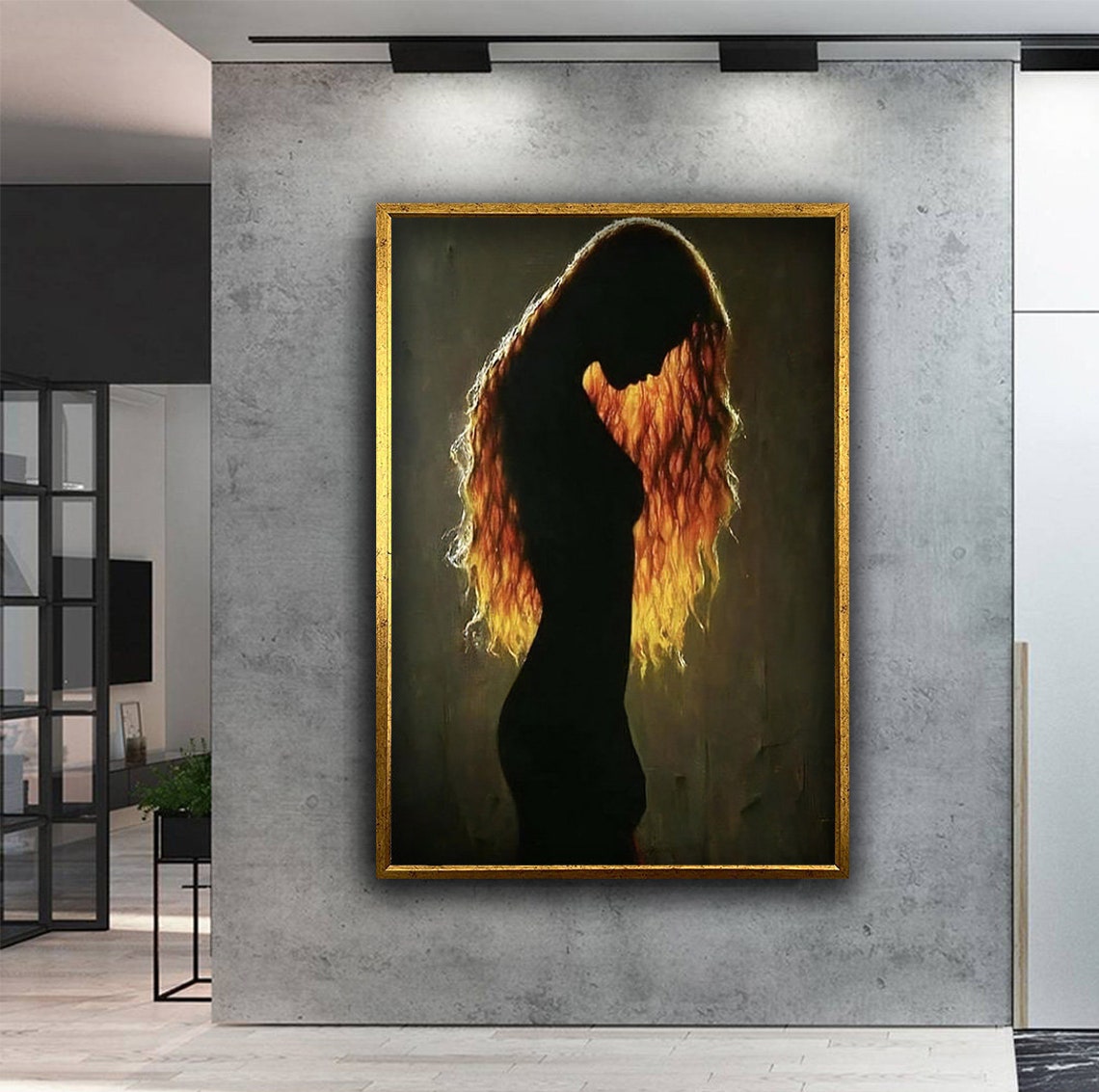 Silhouette Woman Art Long Haired Woman Art Woman In The Dark Print Nude Girl Wall Art Gold Haired Woman Art Print - Image 3