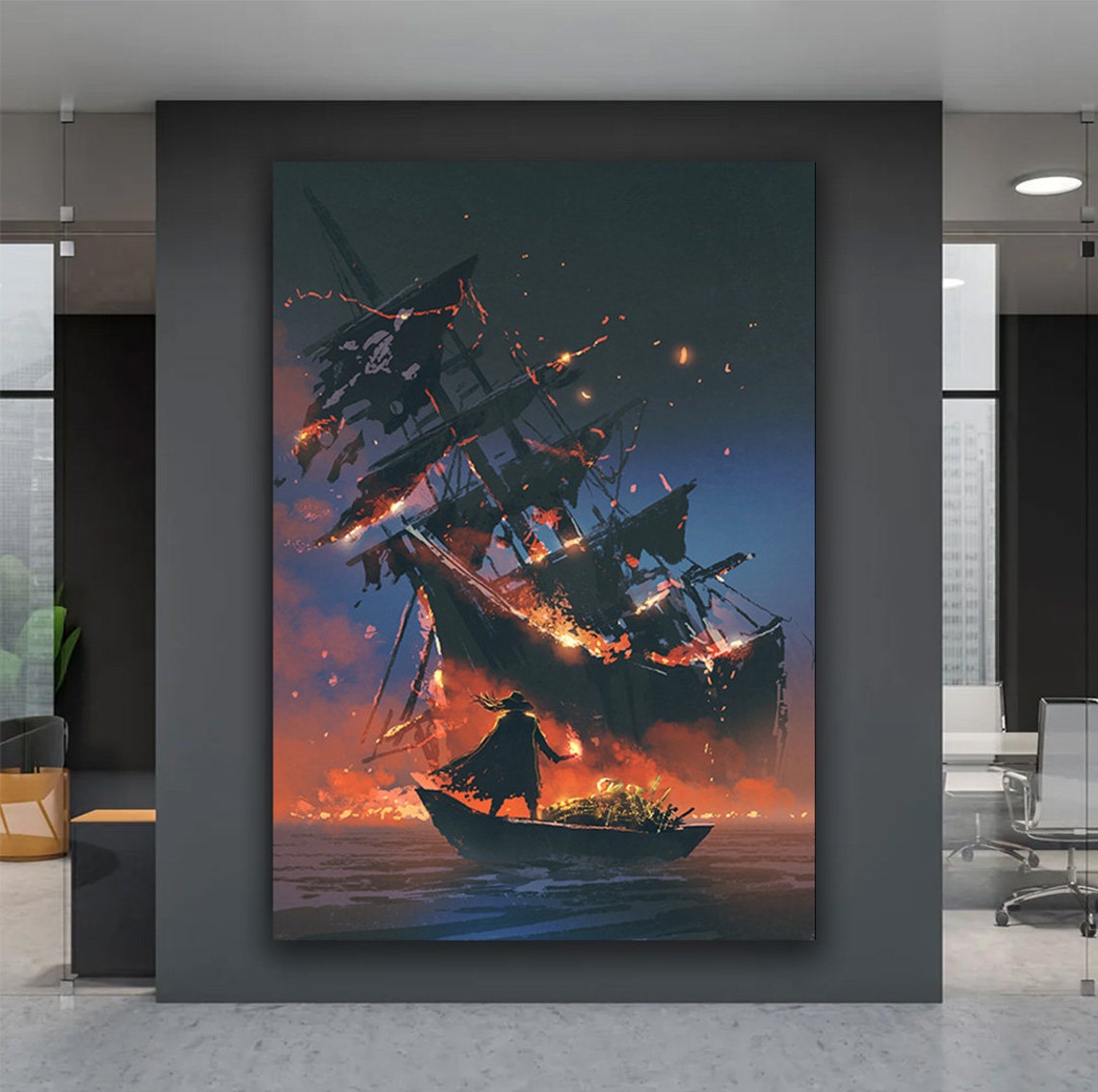Burning Pirate Ship Night Fire Dramatic Ocean Fantasy Wall Art