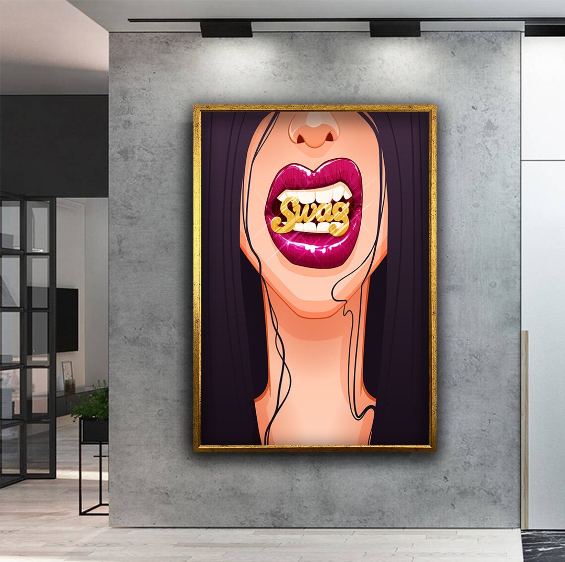 Bold Pop Art Red Lips with Gold Swag Grill Street Style Poster - Image 2