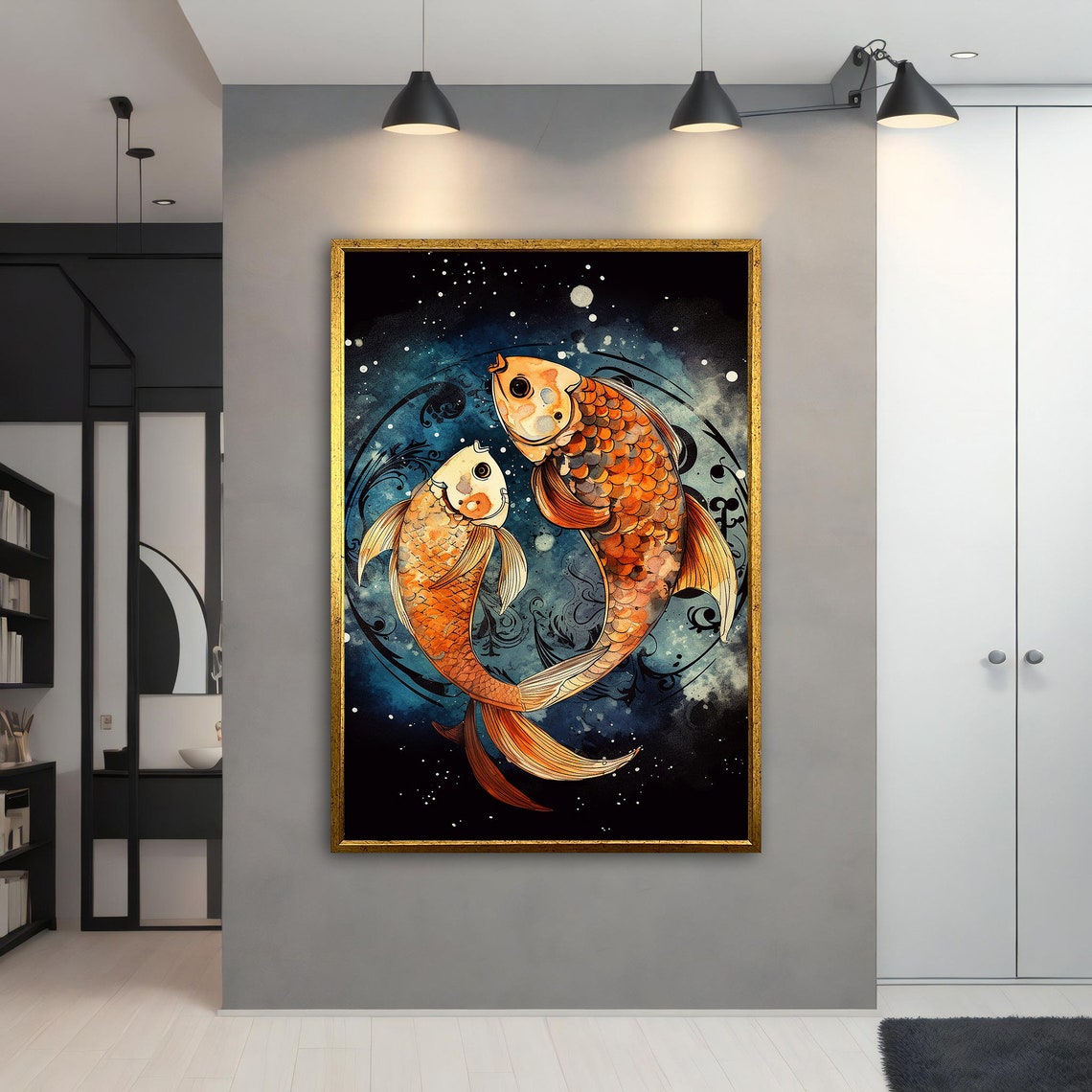 Two Orange Koi Fish Yin Yang Dark Teal Water Animal Art Poster - Image 5