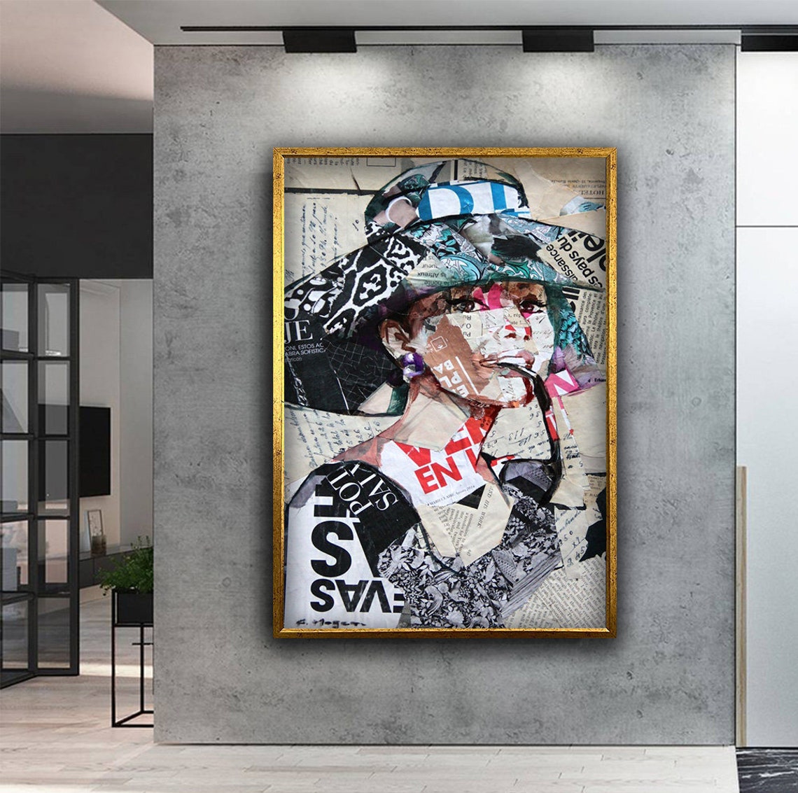 Audrey Hepburn Collage Portrait Wide Brim Hat Newspaper Art Poster - Image 4