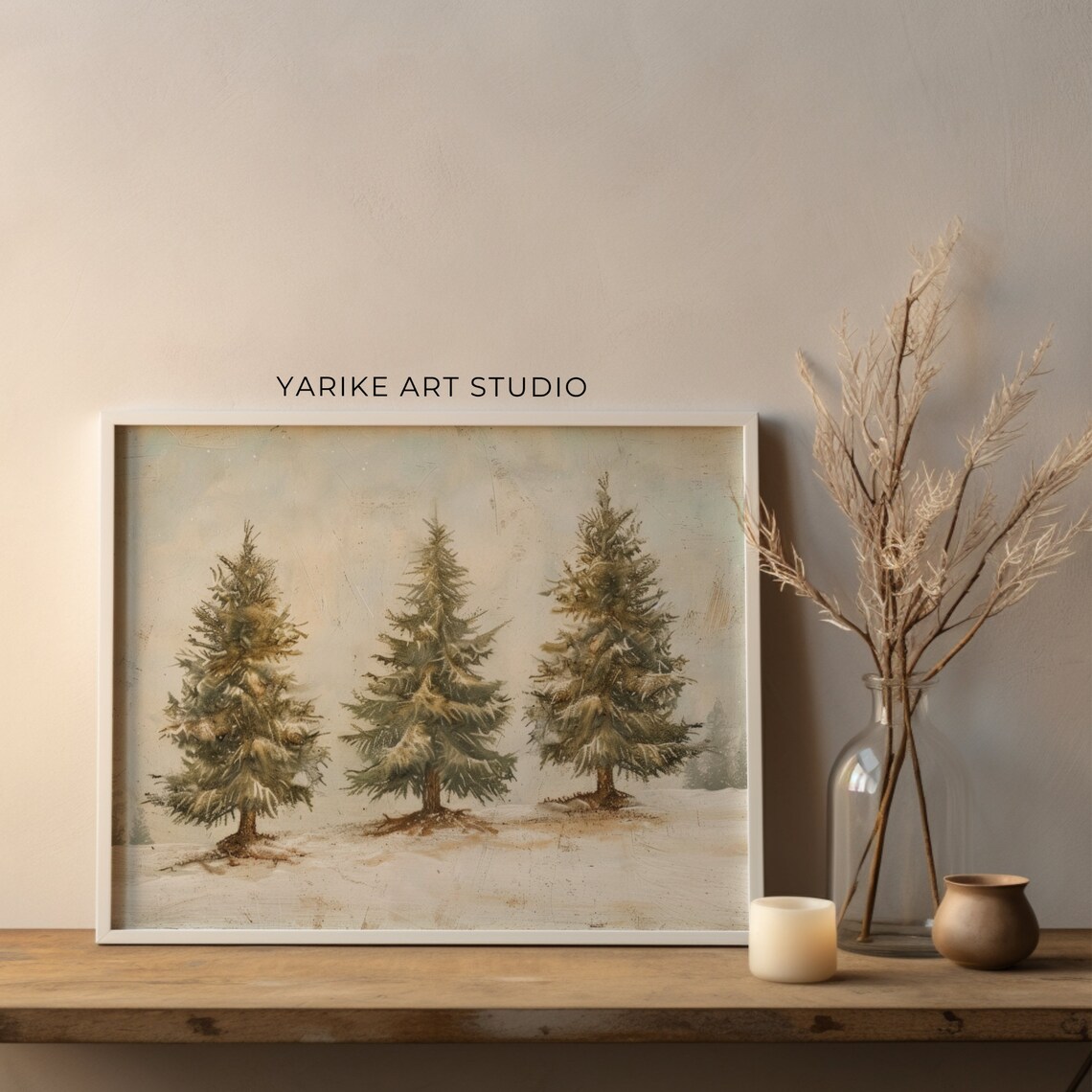 Three Evergreen Trees Standing in Soft Snowfall Minimalist Winter Poster - Image 2