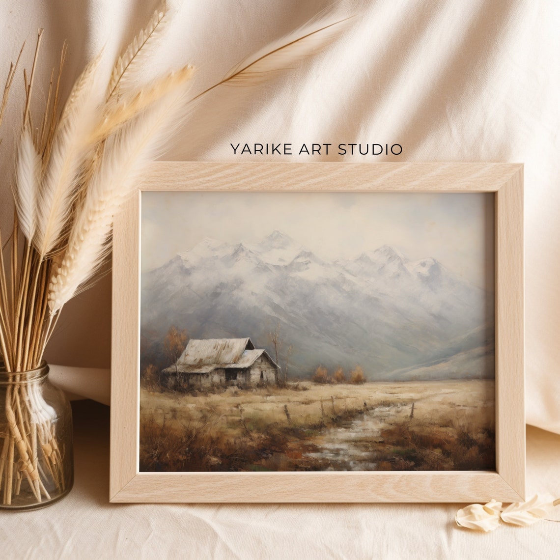 Old Barn Golden Field Misty Mountains Rustic Country Art Poster - Image 6
