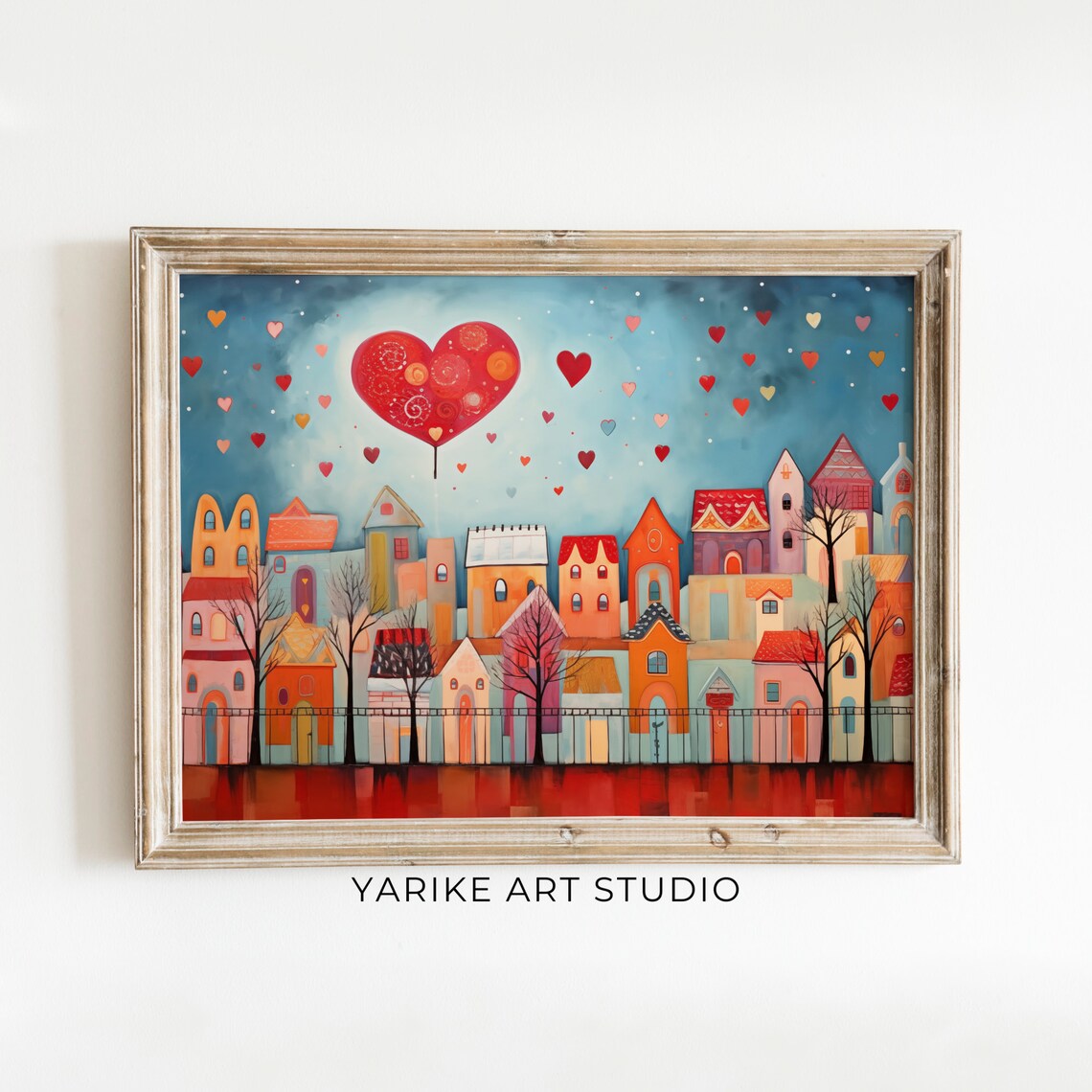 Whimsical Town Giant Heart Balloon Colorful Folk Art Love Poster