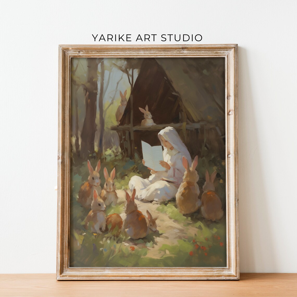 Whimsical Girl Reading to Forest Bunnies Woodland Art Poster - Image 4
