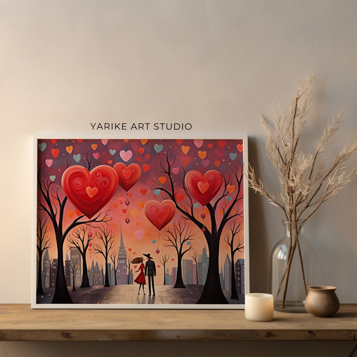 Couple Under Giant Red Hearts Cityscape Folk Valentine Poster