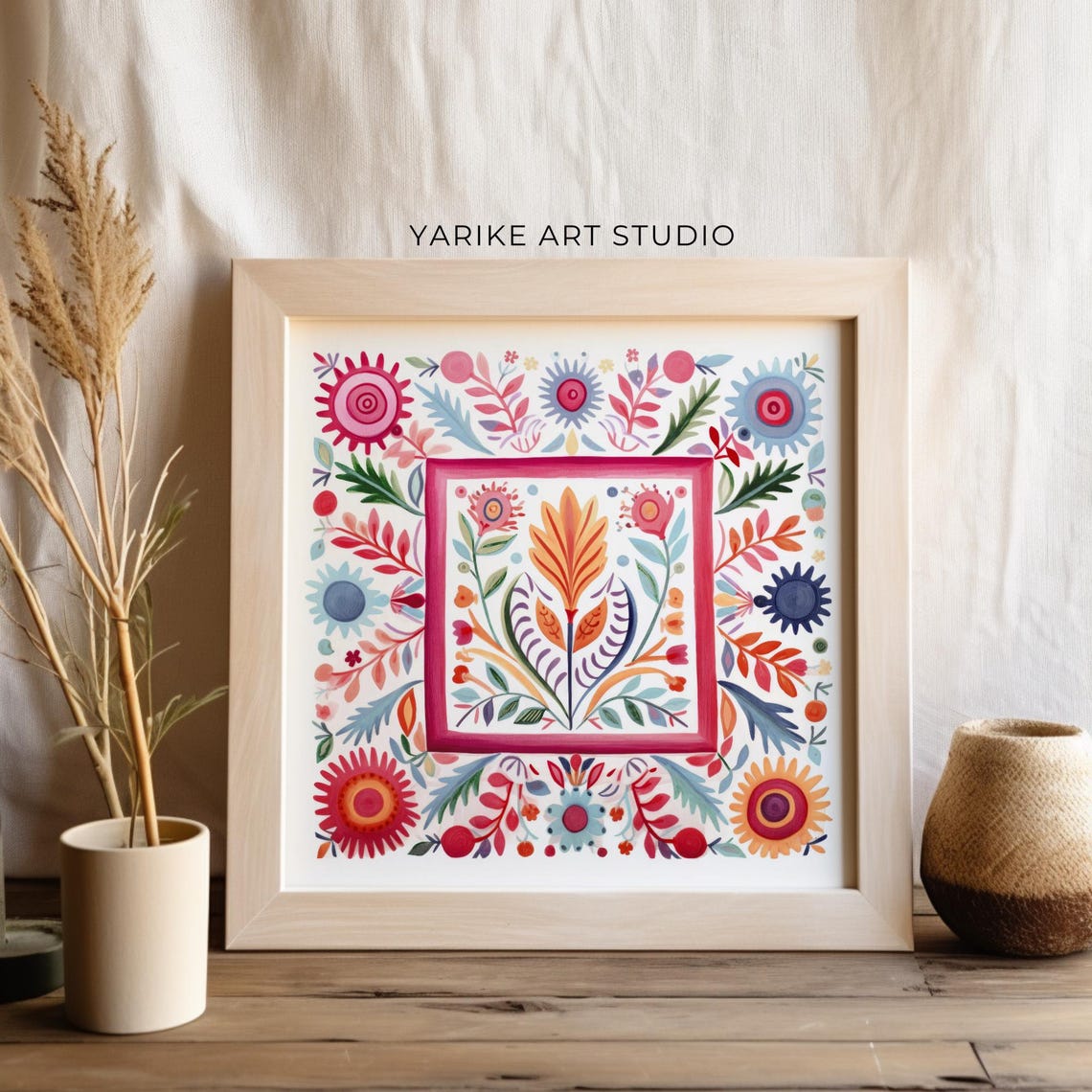 Folk Art Floral Square Mandala with Symmetrical Botanical Design Print - Image 2