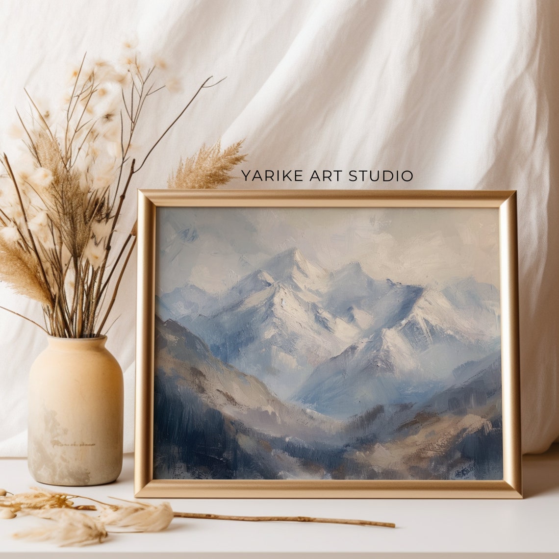 Snowy Mountain Peaks Blue Gray Alpine Summit Oil Painting Poster - Image 4
