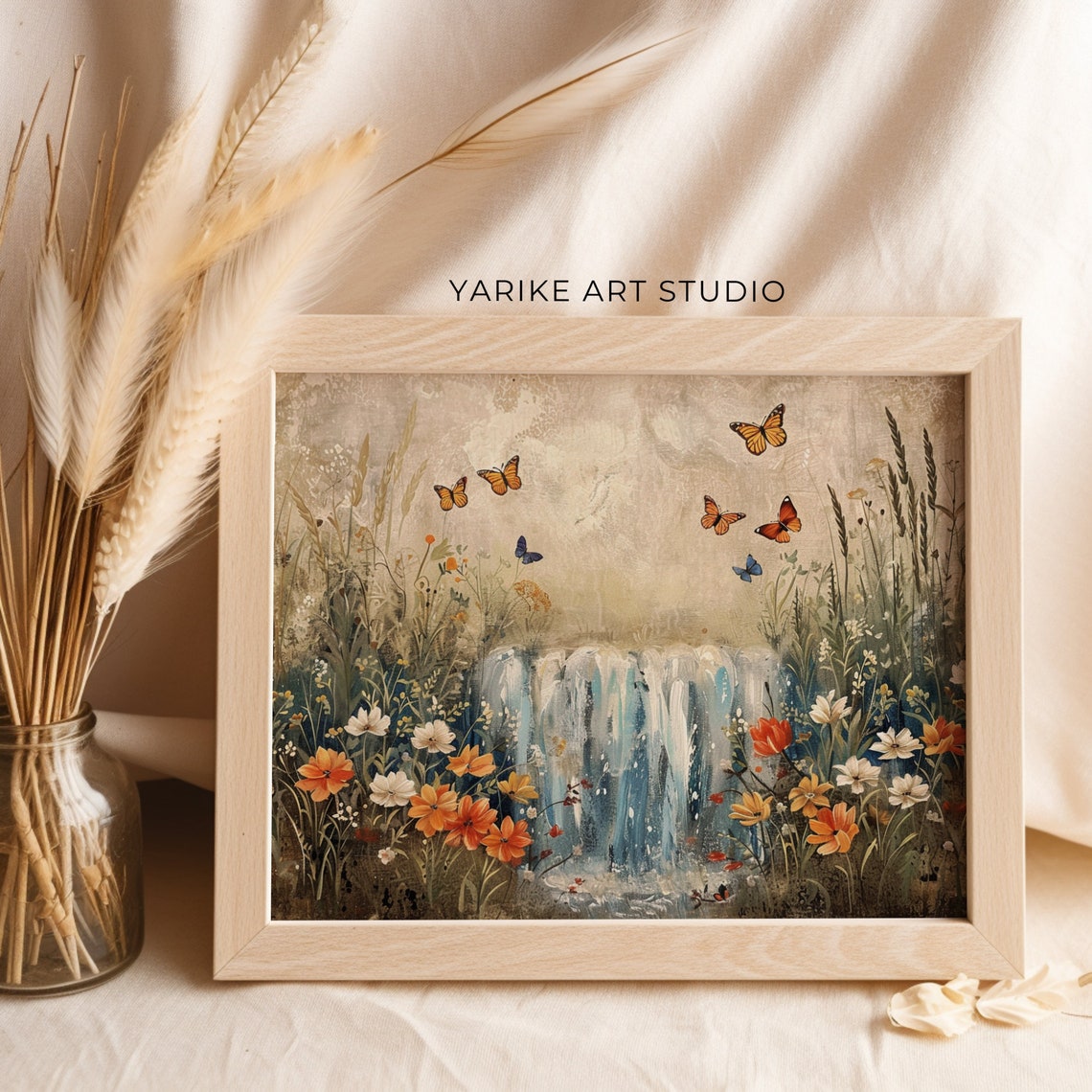 Vintage Garden Waterfall Butterflies Wildflowers Rustic Poster - Image 2