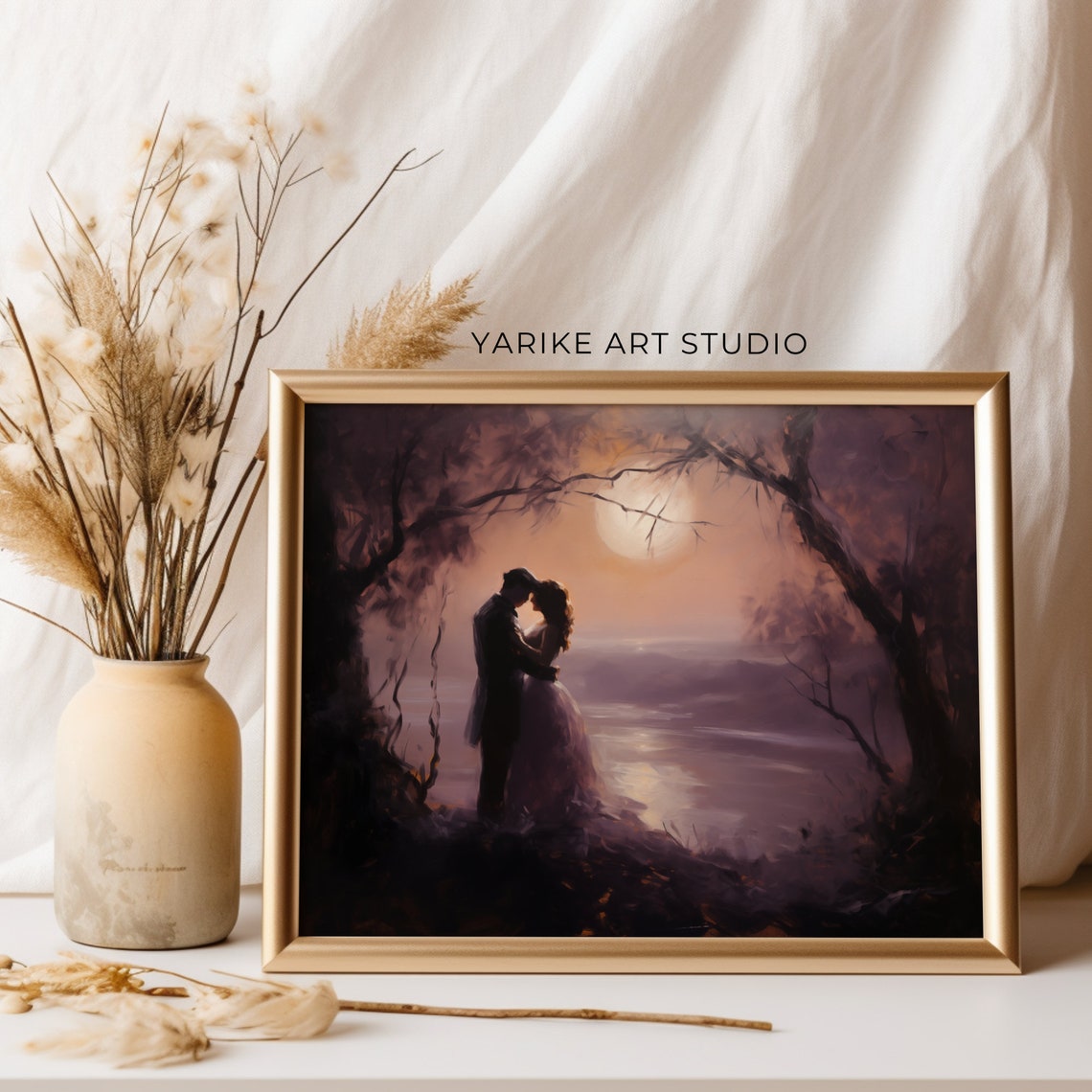 Moonlit Lovers Embrace by the Water Dark Romantic Painting Poster - Image 2