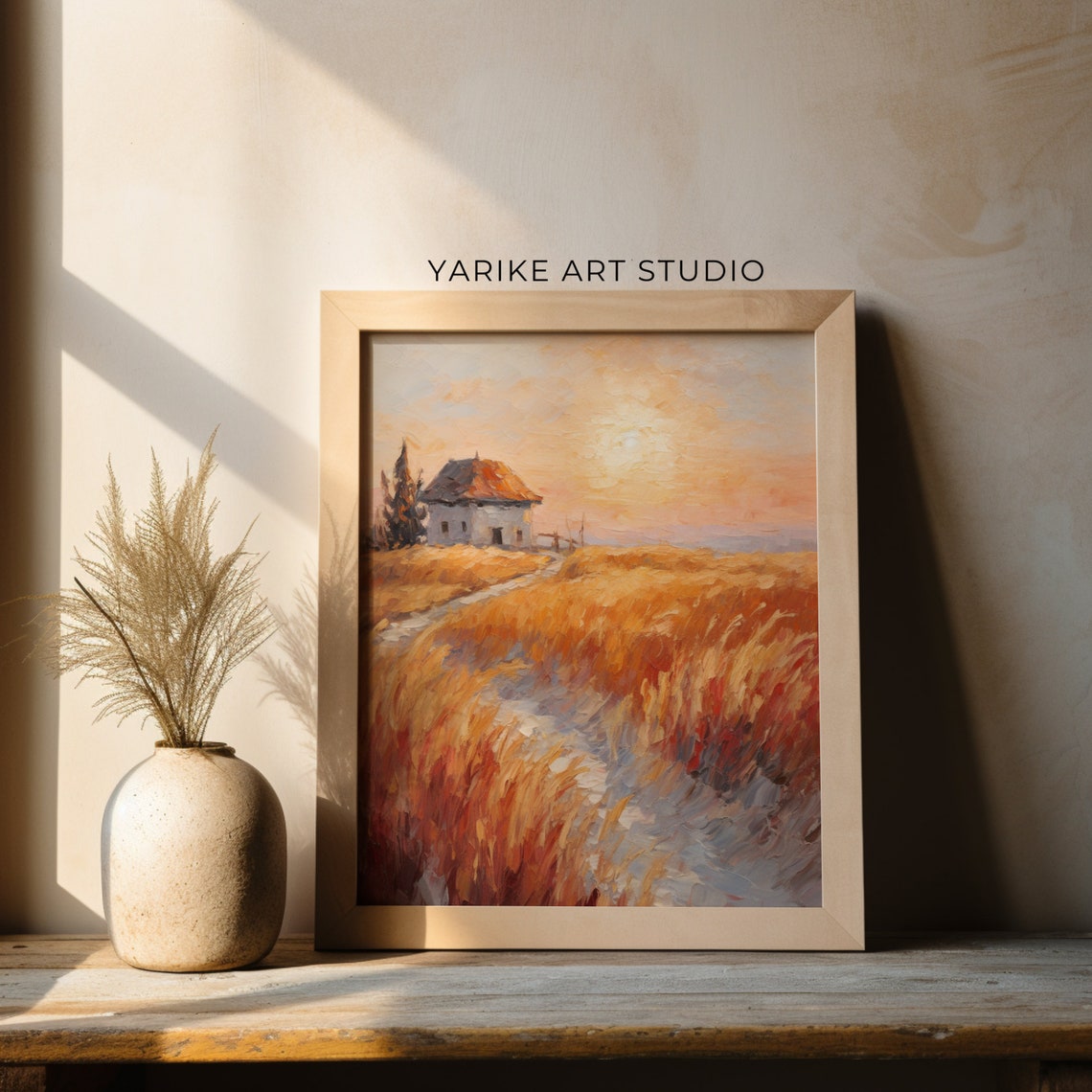Country Hut In Golden Wheat Field At Sunset Rustic Vintage Poster - Image 3