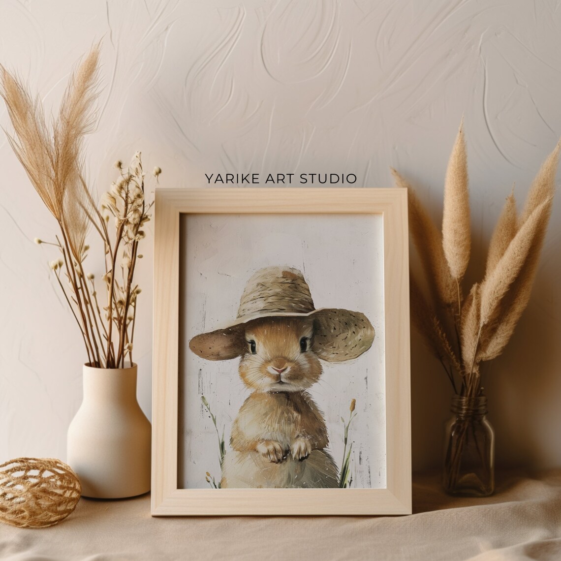 Adorable Bunny Wearing Straw Hat Cute Portrait Painting Poster - Image 3
