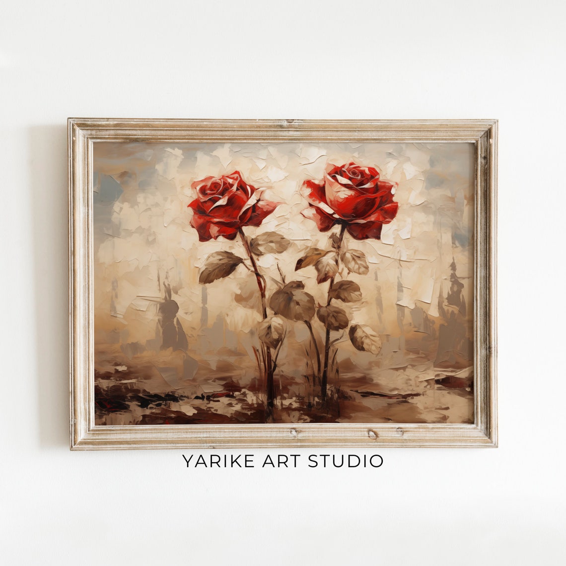 Two Red Roses Vintage Impasto Floral Painting Romantic Wall Print