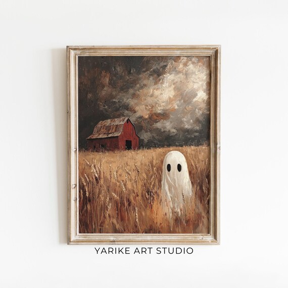 Friendly White Ghost in Golden Wheat Field by Red Barn Halloween Poster