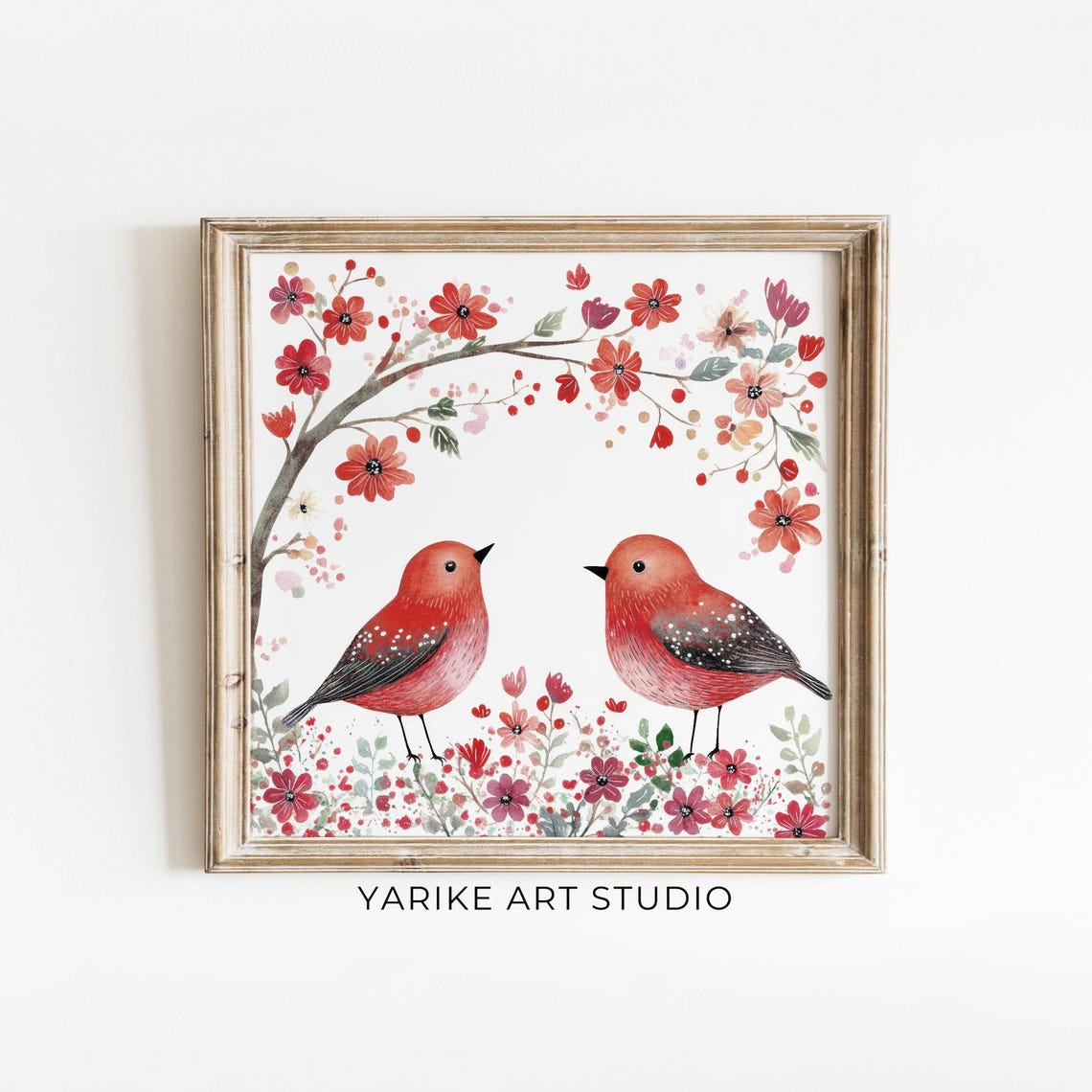 Pair of Red Songbirds Facing Each Other Among Pink Blossoms Art Print