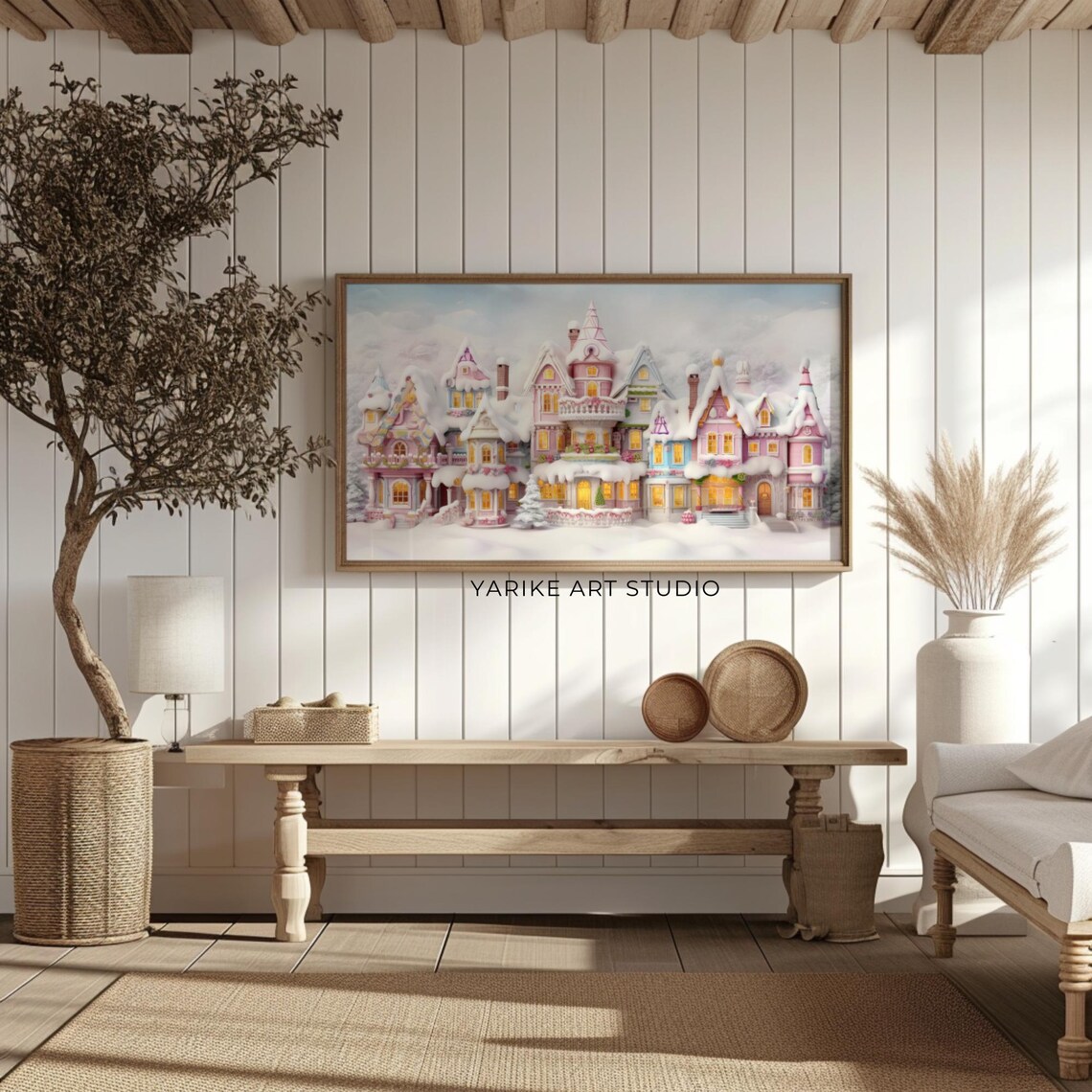 Pastel Pink Gingerbread Christmas Village Snowy Houses Poster - Image 2