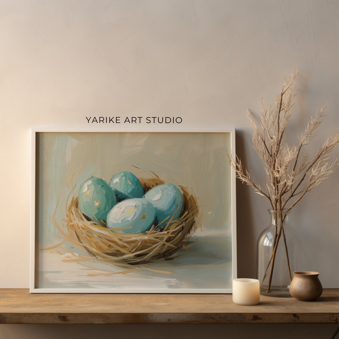Blue Bird Eggs in Nest Oil Painting Spring Still Life Poster - Image 2