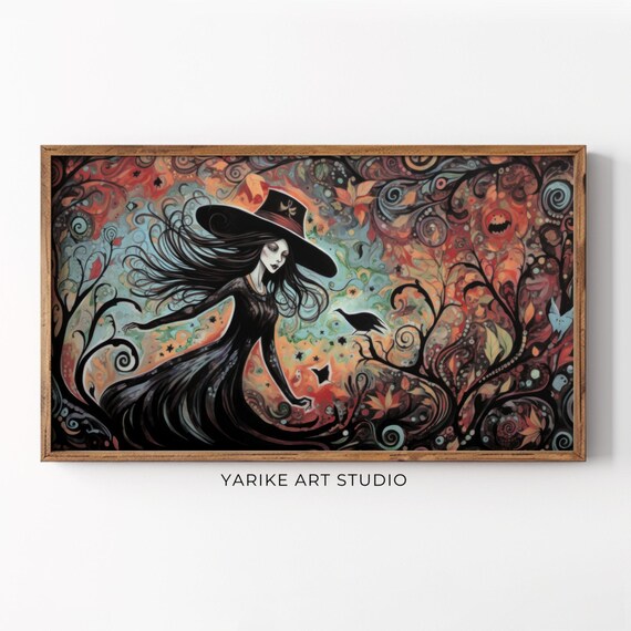Whimsical Witch Portrait Flowing Black Hair Autumn Magic Art Poster
