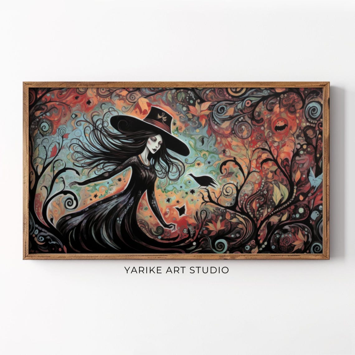 Whimsical Witch Portrait Flowing Black Hair Autumn Magic Art Poster