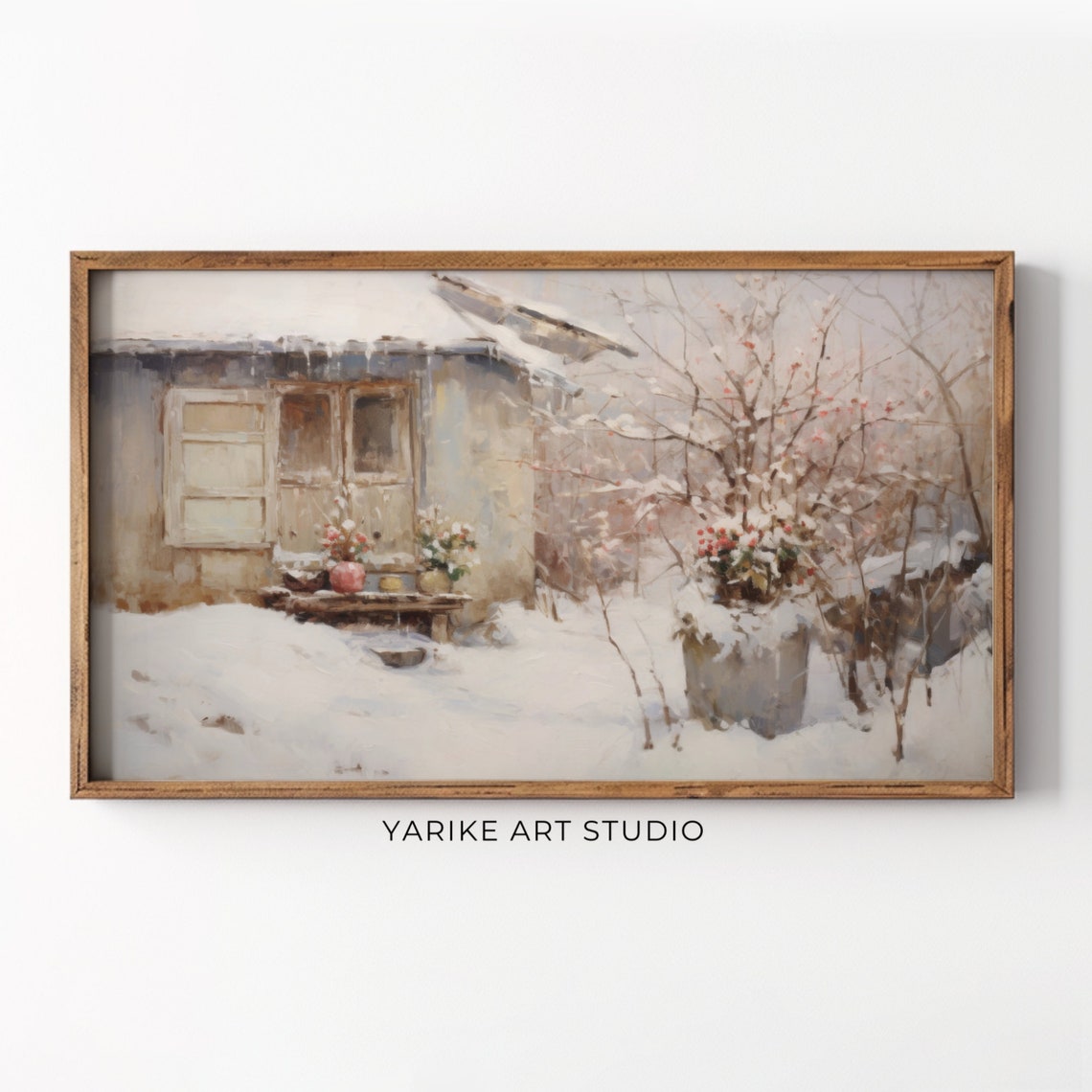 Winter Farmhouse Snow Cottage Vintage Muted Landscape Poster